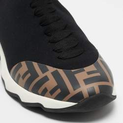 Pre Owned Fendi Black/Brown Knit Fabric and Canvas Sock High Top  Sneakers Size 40