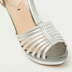 Fendi Silver Leather Strappy T-Bar Platform Sandals Size 37