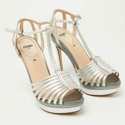 Fendi Silver Leather Strappy T-Bar Platform Sandals Size 37