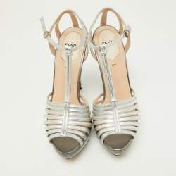 Fendi Silver Leather Strappy T-Bar Platform Sandals Size 37
