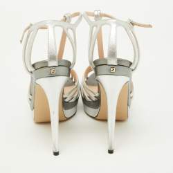 Fendi Silver Leather Strappy T-Bar Platform Sandals Size 37