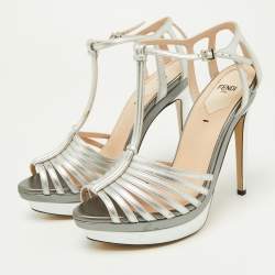 Fendi Silver Leather Strappy T-Bar Platform Sandals Size 37