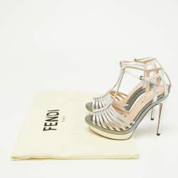 Fendi Silver Leather Strappy T-Bar Platform Sandals Size 37