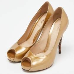 Pre Owned Fendi Gold Patent Leather Zucca Heel Peep Toe Pumps Size 40.5