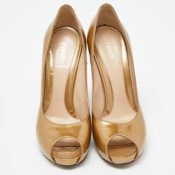 Pre Owned Fendi Gold Patent Leather Zucca Heel Peep Toe Pumps Size 40.5