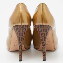 Pre Owned Fendi Gold Patent Leather Zucca Heel Peep Toe Pumps Size 40.5