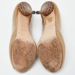 Pre Owned Fendi Gold Patent Leather Zucca Heel Peep Toe Pumps Size 40.5