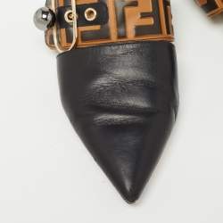 Fendi Black/Brown Leather FF Logo Buckle Flat Mules Size 36