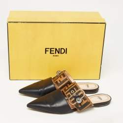 Fendi Black/Brown Leather FF Logo Buckle Flat Mules Size 36