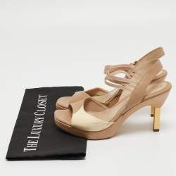 Fendi Beige/Cream Leather and Patent Wooden Platform Ankle Strap Sandals Size 36