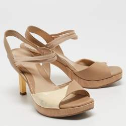 Fendi Beige/Cream Leather and Patent Wooden Platform Ankle Strap Sandals Size 36