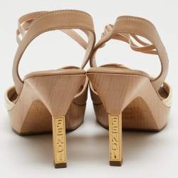 Fendi Beige/Cream Leather and Patent Wooden Platform Ankle Strap Sandals Size 36