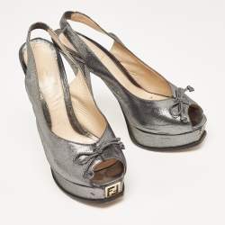 Fendi Grey Fabric Fendista Bow Peep Toe Slingback Platform Pumps Size 40