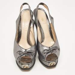 Fendi Grey Fabric Fendista Bow Peep Toe Slingback Platform Pumps Size 40