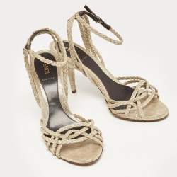 Pre Owned Fendi Metallic Braided Textured Suede Ankle Strap Sandals Size 38.5
