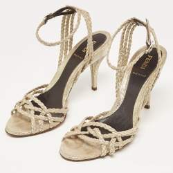 Pre Owned Fendi Metallic Braided Textured Suede Ankle Strap Sandals Size 38.5