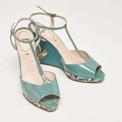 Pre Owned Fendi Grey Patent Leather Printed Wedge Ankle Strap Sandals Size 39