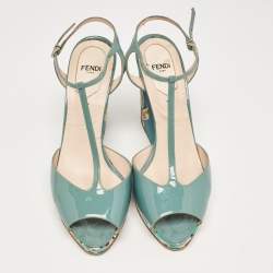 Pre Owned Fendi Grey Patent Leather Printed Wedge Ankle Strap Sandals Size 39