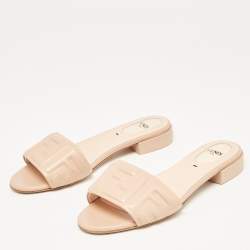 Fendi Pink Leather FF Embossed Slides Size 37