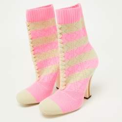 Pre Owned Fendi Pink/Beige Knit Fabric Rockoko Runway Openwork Ankle Boots Size 37