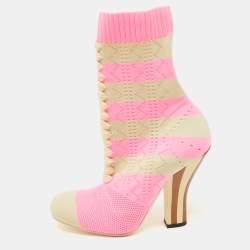 Pre Owned Fendi Pink/Beige Knit Fabric Rockoko Runway Openwork Ankle Boots Size 37