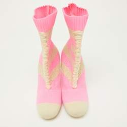 Pre Owned Fendi Pink/Beige Knit Fabric Rockoko Runway Openwork Ankle Boots Size 37