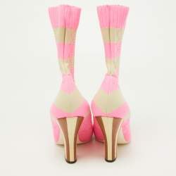 Pre Owned Fendi Pink/Beige Knit Fabric Rockoko Runway Openwork Ankle Boots Size 37