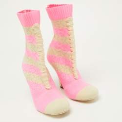 Pre Owned Fendi Pink/Beige Knit Fabric Rockoko Runway Openwork Ankle Boots Size 37