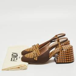 Pre Owned Fendi Yellow/Brown Checkered Fabric Promenade Slingback Loafer Pumps Size 36