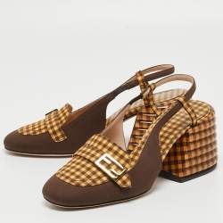 Pre Owned Fendi Yellow/Brown Checkered Fabric Promenade Slingback Loafer Pumps Size 36