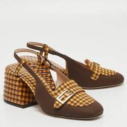 Pre Owned Fendi Yellow/Brown Checkered Fabric Promenade Slingback Loafer Pumps Size 36