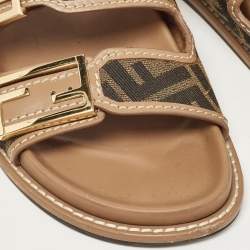 Pre Owned Fendi Brown Zucca Canvas and Leather FF Buckle Slides Size 36