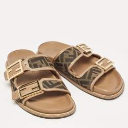 Pre Owned Fendi Brown Zucca Canvas and Leather FF Buckle Slides Size 36