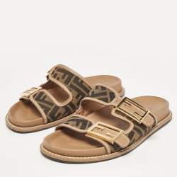 Pre Owned Fendi Brown Zucca Canvas and Leather FF Buckle Slides Size 36