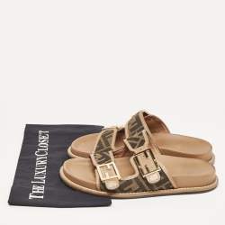 Pre Owned Fendi Brown Zucca Canvas and Leather FF Buckle Slides Size 36