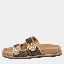 Fendi Brown Zucca Canvas and Leather Strap Flat Slides Size 39