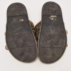 Fendi Brown Zucca Canvas and Leather Strap Flat Slides Size 39