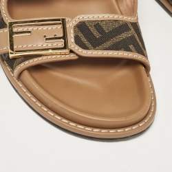 Fendi Brown Zucca Canvas and Leather Strap Flat Slides Size 39
