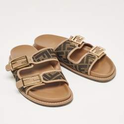 Fendi Brown Zucca Canvas and Leather Strap Flat Slides Size 39