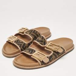 Fendi Brown Zucca Canvas and Leather Strap Flat Slides Size 39