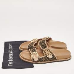 Fendi Brown Zucca Canvas and Leather Strap Flat Slides Size 39