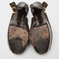 Pre Owned Fendi Brown Zucca Canvas Fendista Peep Toe Slingback Pumps Size 36