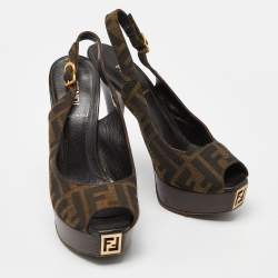 Pre Owned Fendi Brown Zucca Canvas Fendista Peep Toe Slingback Pumps Size 36