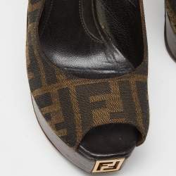 Pre Owned Fendi Brown Zucca Canvas Fendista Peep Toe Slingback Pumps Size 36