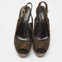 Pre Owned Fendi Brown Zucca Canvas Fendista Peep Toe Slingback Pumps Size 36