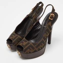 Pre Owned Fendi Brown Zucca Canvas Fendista Peep Toe Slingback Pumps Size 36