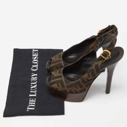Pre Owned Fendi Brown Zucca Canvas Fendista Peep Toe Slingback Pumps Size 36