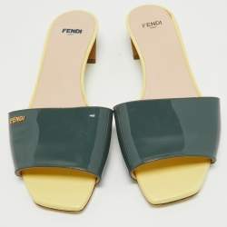 Pre Owned Fendi Green Patent Leather Slide Sandals Size 38.5