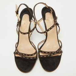 Fendi Dark Brown/Cream Stitch Leather Strappy Sandals Size 37.5