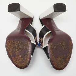 Pre Owned Fendi Black/White Leather Embellished Flowerland Slide Sandals Size 37